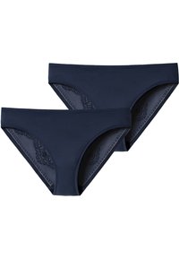 Dunkelblaue Damenunterhosen aus glattem Material mit Spitzenakzenten an den Seiten und einem klassischen Schnitt für Komfort und Passform. Set aus zwei.
