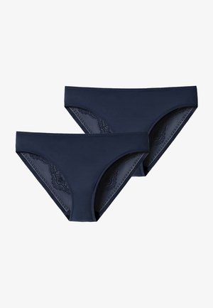 Dunkelblaue Damenunterhosen aus glattem Material mit Spitzenakzenten an den Seiten und einem klassischen Schnitt für Komfort und Passform. Set aus zwei.