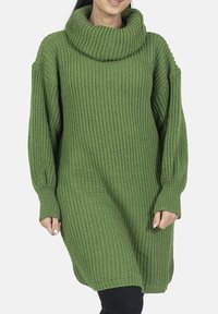 Pull tricot surdimensionné vert avec un col bénitier, présentant un motif côtelé texturé et des manches longues, s'étendant jusqu'à mi-cuisse.