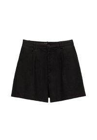 Svarta linne-shorts med hög midja, veckad fram och en enkel knappstängning. Mjukt tyg, knälång design.