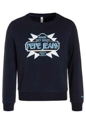 Granatowa bluza z długim rękawem z prążkowanymi mankietami i dołem, z białym i jasnoniebieskim logo oraz napisem "Pepe Jeans" na piersi.