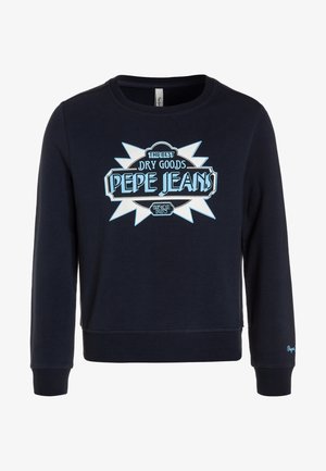 Granatowa bluza z długim rękawem z prążkowanymi mankietami i dołem, z białym i jasnoniebieskim logo oraz napisem "Pepe Jeans" na piersi.