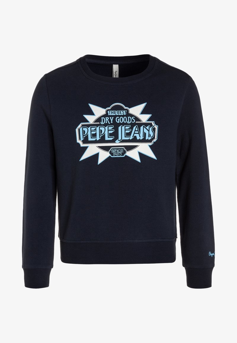 Sweatshirt bleu marine à manches longues avec poignets et ourlet côtelés, arborant un logo et un texte "Pepe Jeans" en blanc et bleu clair sur la poitrine.