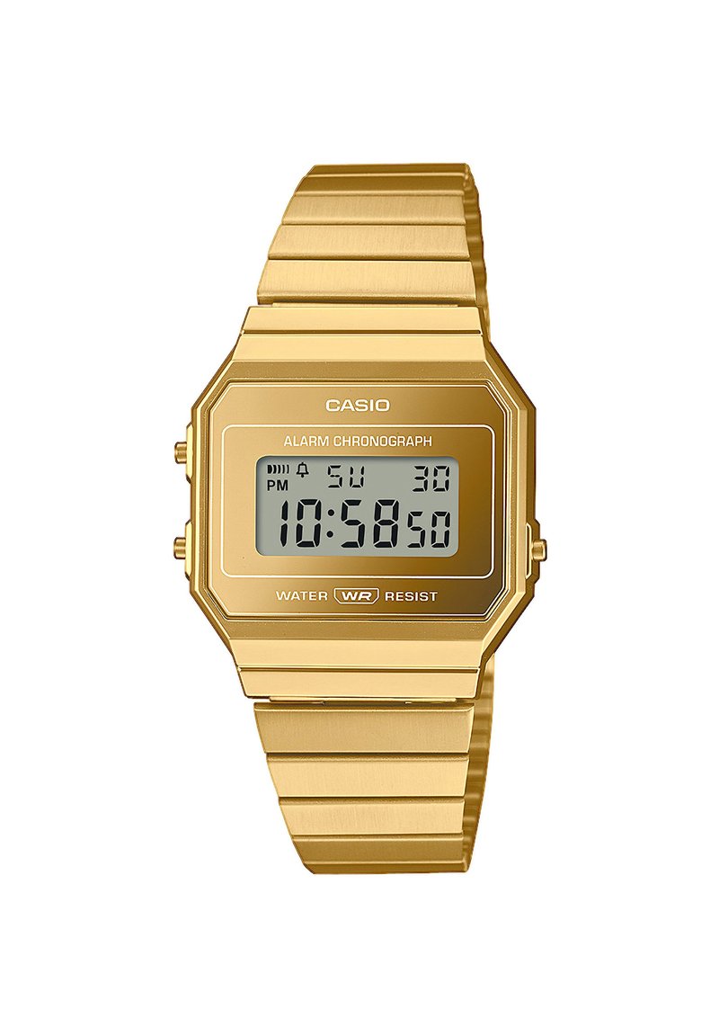 Orologio digitale Casio con cassa e bracciale in acciaio inossidabile placcato oro a forma ottagonale, dotato di display LCD, sveglia e resistenza all'acqua.