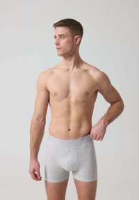 Boxer shorts in cotone grigio con una morbida fascia elastica in vita. Il tessuto ha una sottile texture melange, design aderente e taglio a metà coscia.