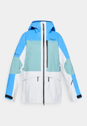 Casaco em bloco de cores com painéis azuis, verdes e brancos. Feito de material GORE-TEX, com bolsos com fecho éclair e capuz ajustável.