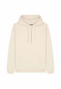 Felpa colore beige con cappuccio, tasca frontale a marsupio, cappuccio regolabile con cordino e polsini e orlo a costine, stesa su uno sfondo bianco.