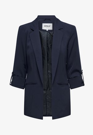 Marineblå blazer med en skreddersydd design, myk stoff, rullede ermer festet med bånd, og to åpninger til frontlommer. Fôret innvendig.