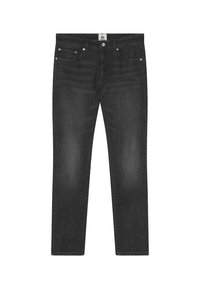 Vaqueros negros de pierna recta con cinco bolsillos y remaches metálicos, exhibidos extendidos sobre un fondo blanco.