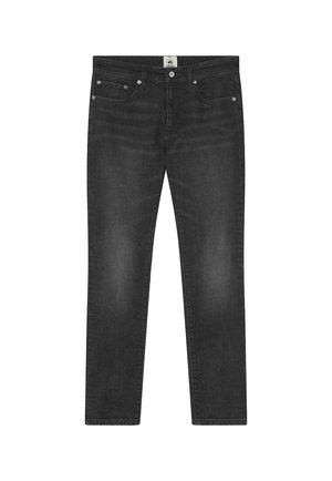 Vaqueros negros de pierna recta con cinco bolsillos y remaches metálicos, exhibidos extendidos sobre un fondo blanco.