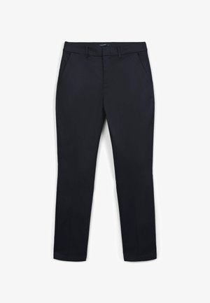 Marineblaue, schmal geschnittene Hosen aus glattem Stoff, mit zwei frontalen Taschen, einem Reißverschluss und einem schlichten Bund mit Gürtelschlaufen.