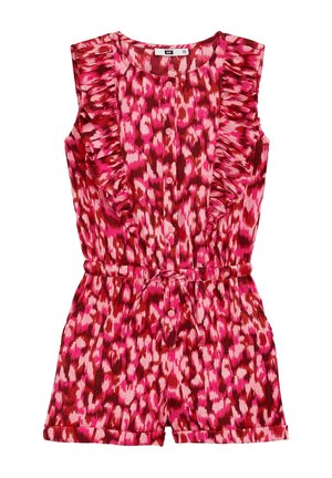 Roter und rosa gemusterter ärmelloser Jumpsuit mit Knöpfen an der Vorderseite, Rüschenschultern und einem Taillengürtel. Aus leichtem Stoff gefertigt.