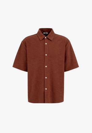 Short-sleeve button-up shirt in textured brown fabric with a pointed collar and six white buttons down the front.