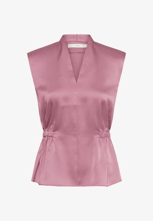 Sleeveless pink satin blouse with deep V-neck and gathered elastic sides creating a fitted waist, displayed on plain white background.