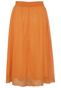 Orange, knä-lång kjol i lätt, flödande tyg. Har en rynkad midja och ett slätt, halvgenomskinligt överdrag.
