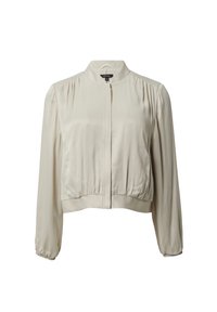 Skórzana kurtka z długim rękawem w jasnym beżowym kolorze. Posiada stójkę, marszczone ramiona oraz elastyczne mankiety z zapięciem na zamek z przodu.