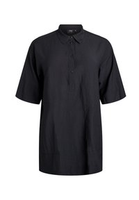 Schwarzes kurzärmliges Hemd aus einem strukturierten Stoff, mit einem Button-Down-Kragen, einer Knopfleiste vorne und zwei seitlichen Taschen.