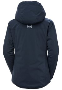 Marineblaue wasserdichte Jacke mit Kapuze, glatter Textur und Logodetail auf dem Rücken. Hat eine taillierte Form und lange Ärmel.