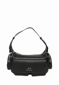 Mala de ombro em couro preto com design curvo, bolsos com fecho de correr e um logótipo "A|X" proeminente na frente. Alça ajustável.