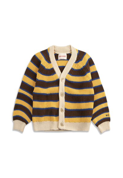 Knapstrikket cardigan med vandrette gule, brune og blå striber, beige manchetter og krave samt en ribstrikket tekstur.