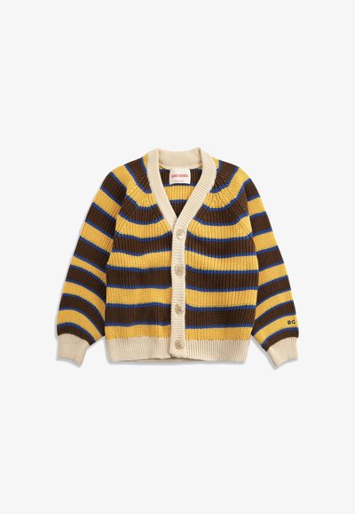 Knapstrikket cardigan med vandrette gule, brune og blå striber, beige manchetter og krave samt en ribstrikket tekstur.