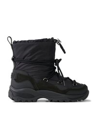 Černá nepromokavá zimní bota s prošívaným nylonovým svrškem, gumovou podrážkou, šněrováním vpředu a semišovými doplňky. Má polstrovaný límec a odolnou texturu.
