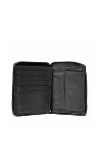 Cartera de cuero negro con cierre de cremallera, que cuenta con múltiples ranuras para tarjetas y un compartimento plano, con textura en relieve a lo largo de los bordes.