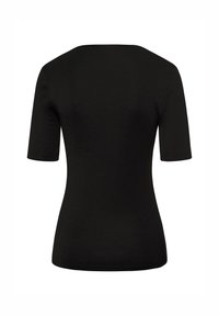 Svart kortärmad T-shirt med rund halsringning, figurnära passform och slät yta. Baksidan har en enkel design utan utsmyckningar.