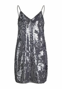 Sukienka cekinowa z regulowanymi cienkimi ramiączkami, z dekoltem w serek, w metalicznym szarym kolorze, o połyskującej fakturze i dopasowanym kroju.