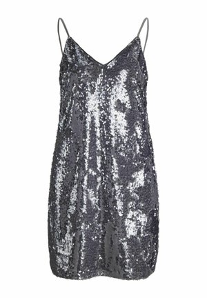 Flitteres ruha állítható spagetti pántokkal, V-nyakkivágással, fémes szürke színben, csillogó textúrával és testhez simuló szabással.