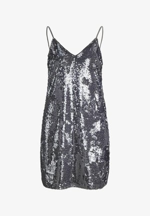 Paillettenjurk met verstelbare spaghettibandjes, voorzien van een V-hals, metallic grijze kleur, glinsterende textuur en een nauwsluitend silhouet.