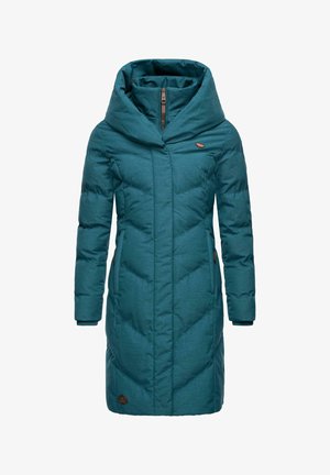 Teal pufferjack met een grote, gedrapeerde capuchon, rits aan de voorkant, gequilte patroon en een logo-accent. Gemaakt van een gladde, duurzame stof.