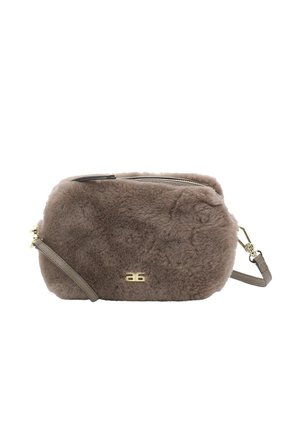 Faux fur crossbody bag in taupe with a zip closure, gold hardware, and a removable shoulder strap. Features a logo accent on the front.