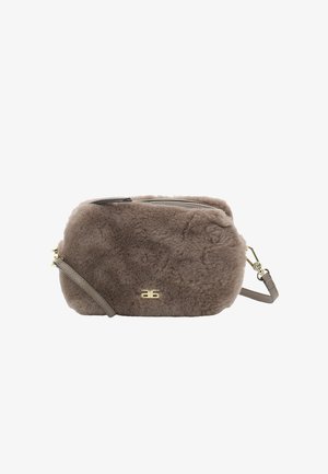 Faux fur crossbody bag in taupe with a zip closure, gold hardware, and a removable shoulder strap. Features a logo accent on the front.
