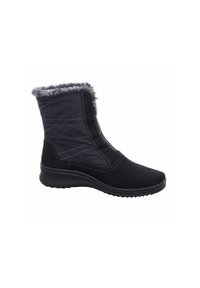 Bottines noires avec un col en fourrure, fabriquées en tissu doux et en matériaux synthétiques, dotées d'une fermeture éclair sur le côté et d'une semelle extérieure texturée.