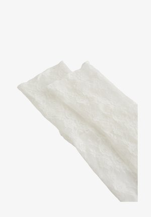 White lace fabric with floral patterns, folded and displayed against a plain white background.