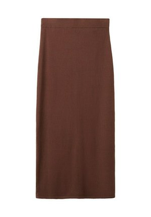 Falda lápiz marrón hasta la rodilla con corte recto y cintura elástica, fabricada con tela de punto acanalada.
