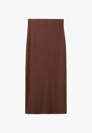 Falda lápiz marrón hasta la rodilla con corte recto y cintura elástica, fabricada con tela de punto acanalada.