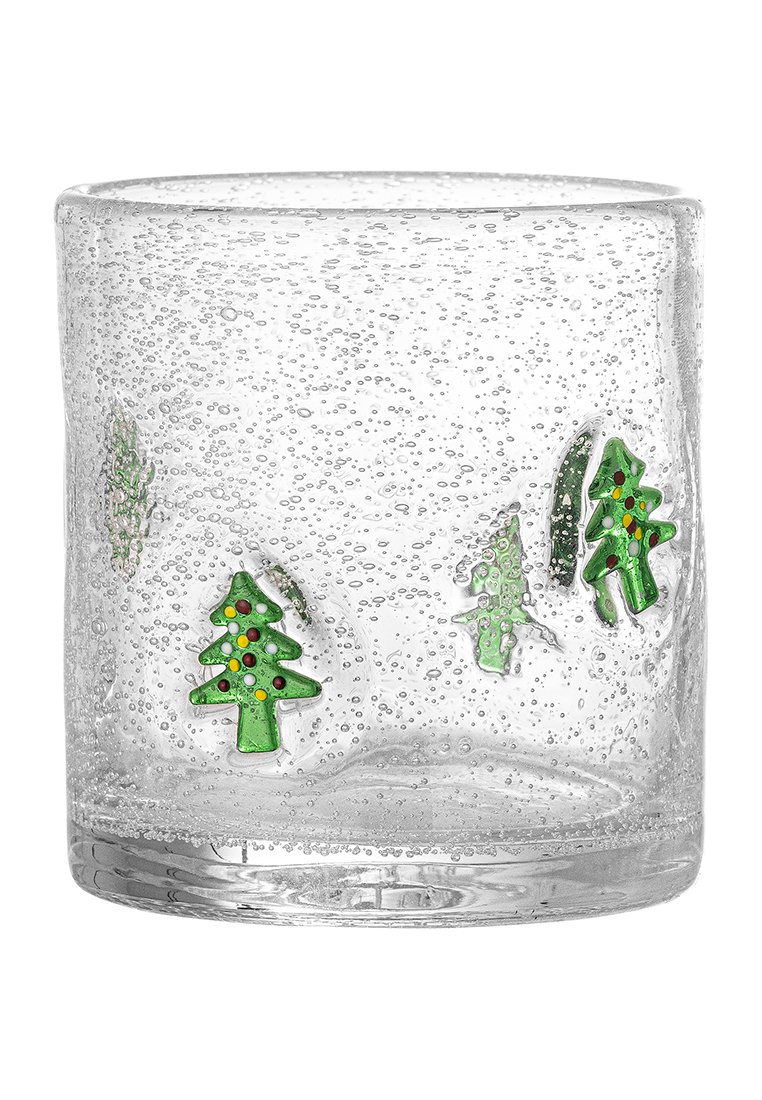 Klares Glas-Studien mit eingearbeiteten grünen Weihnachtsbaum-Motiven, strukturiertem Oberflächen mit Blasen und einem glatten Rand.