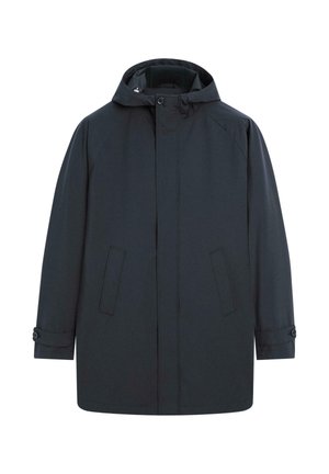 Parka nera da uomo con cappuccio, polsini con bottoni e tasche frontali, mostrata su sfondo bianco.