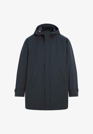 Parka nera da uomo con cappuccio, polsini con bottoni e tasche frontali, mostrata su sfondo bianco.