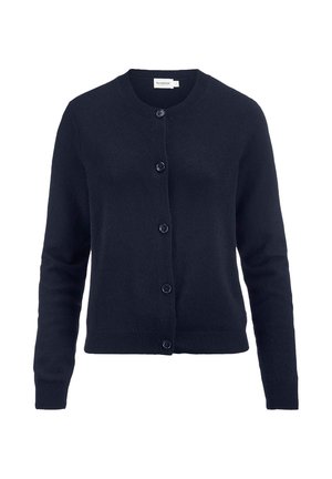 Marineblauer Cardigan aus weichem Strickmaterial, mit rundem Ausschnitt, langen Ärmel und fünf vorderen Knöpfen sowie einem gerippten Saum.