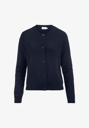 Marineblauer Cardigan aus weichem Strickmaterial, mit rundem Ausschnitt, langen Ärmel und fünf vorderen Knöpfen sowie einem gerippten Saum.