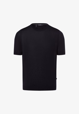 Maglione nero a maniche corte realizzato in un tessuto a maglia leggero e leggermente testurizzato. Presenta un collo a giro e un orlo a costine. Design semplice e minimalista.