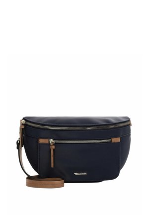 Navy blue nylon crossbody bag with two zippered compartments and tan leather accents. Features a detachable strap. Smooth texture.
