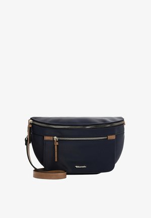 Marineblauwe nylon schoudertas met twee ritscompartimenten en tan lederen accenten. Voorzien van een afneembare strap. Zachte textuur.