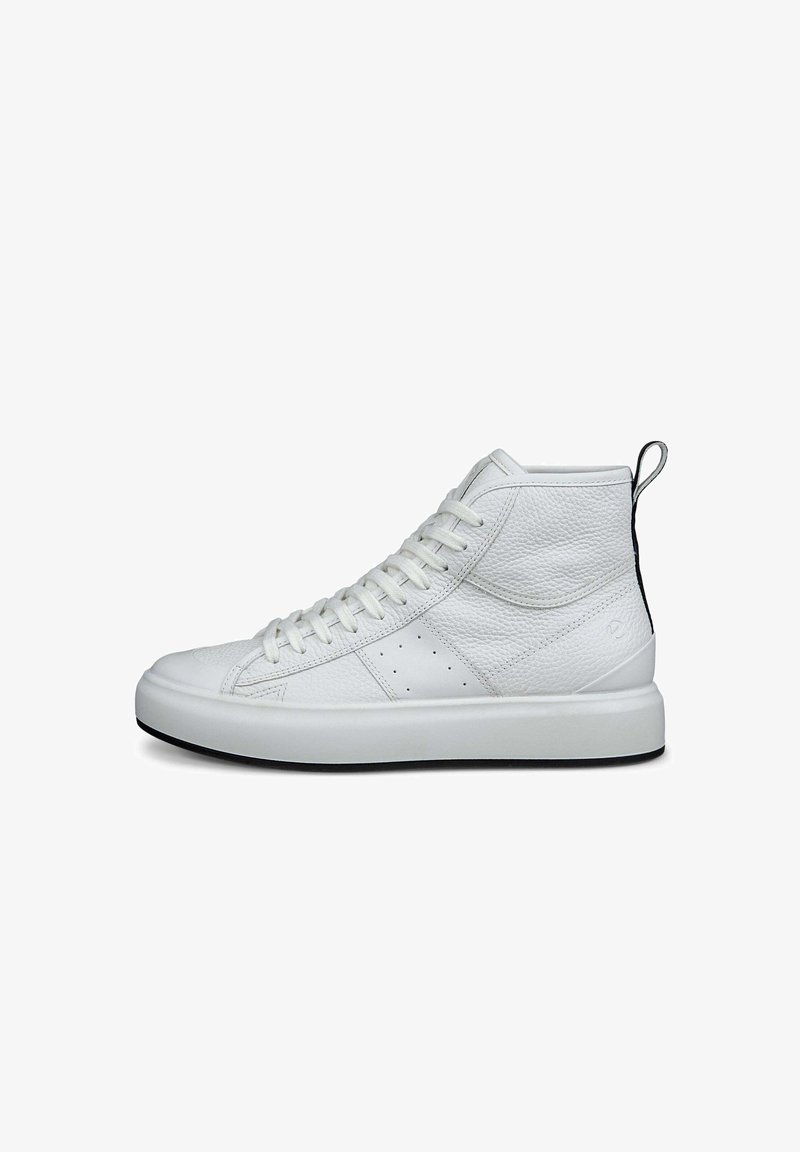 White high-top sneakers made of textured leather, featuring a black heel accent, round toe, and a flat white sole with perforations.
