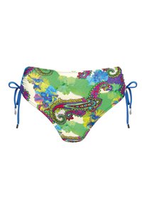 Dno bikini w wielokolorowy wzór kwiatowy i paisley. Posiada niebieskie związki po bokach. Materiał jest gładki i elastyczny.