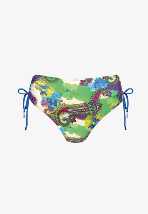 Dno bikini w wielokolorowy wzór kwiatowy i paisley. Posiada niebieskie związki po bokach. Materiał jest gładki i elastyczny.