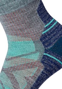 Calcetín multicolor con gris, verde azulado y azul marino, con un diseño de punto texturizado. Incluye rayas y patrones geométricos a lo largo.